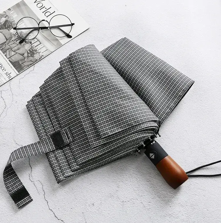 Wooden Handle Check Pattern Automatic Umbrella 10-Bone Anti-Wind — feature 27