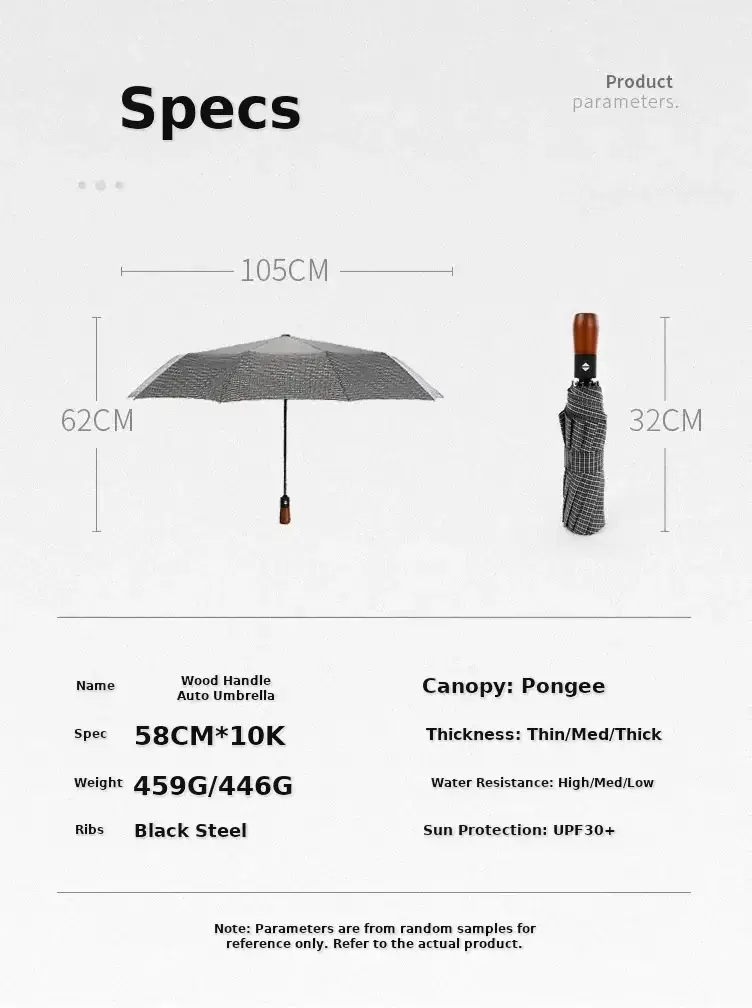 Wooden Handle Check Pattern Automatic Umbrella 10-Bone Anti-Wind — feature 28