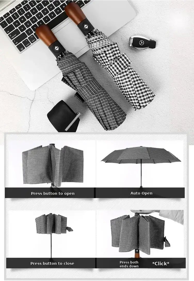 Wooden Handle Check Pattern Automatic Umbrella 10-Bone Anti-Wind — feature 29