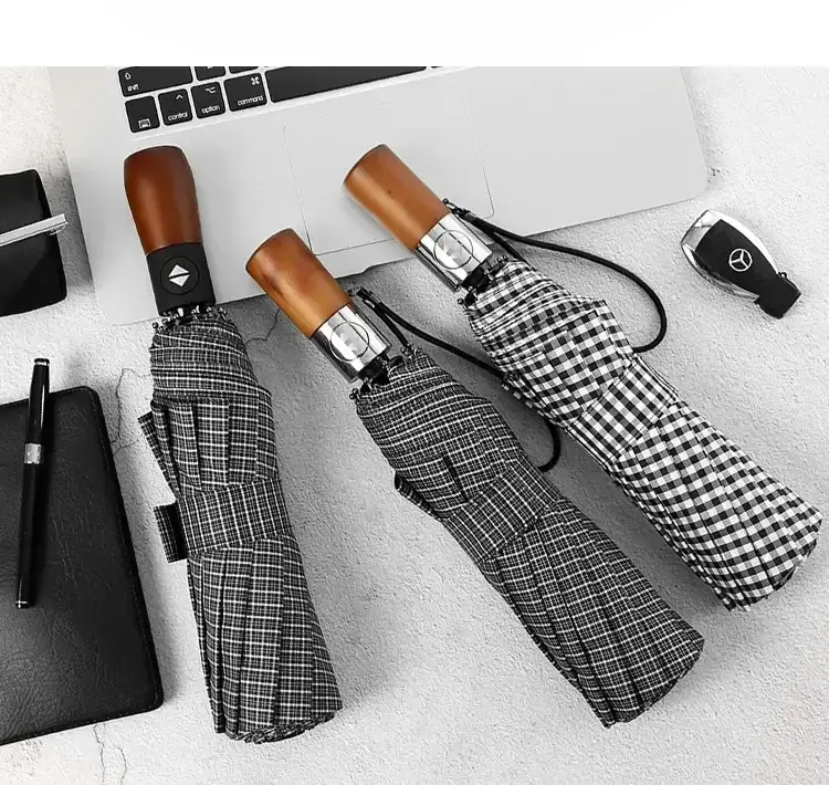 Wooden Handle Check Pattern Automatic Umbrella 10-Bone Anti-Wind — feature 30