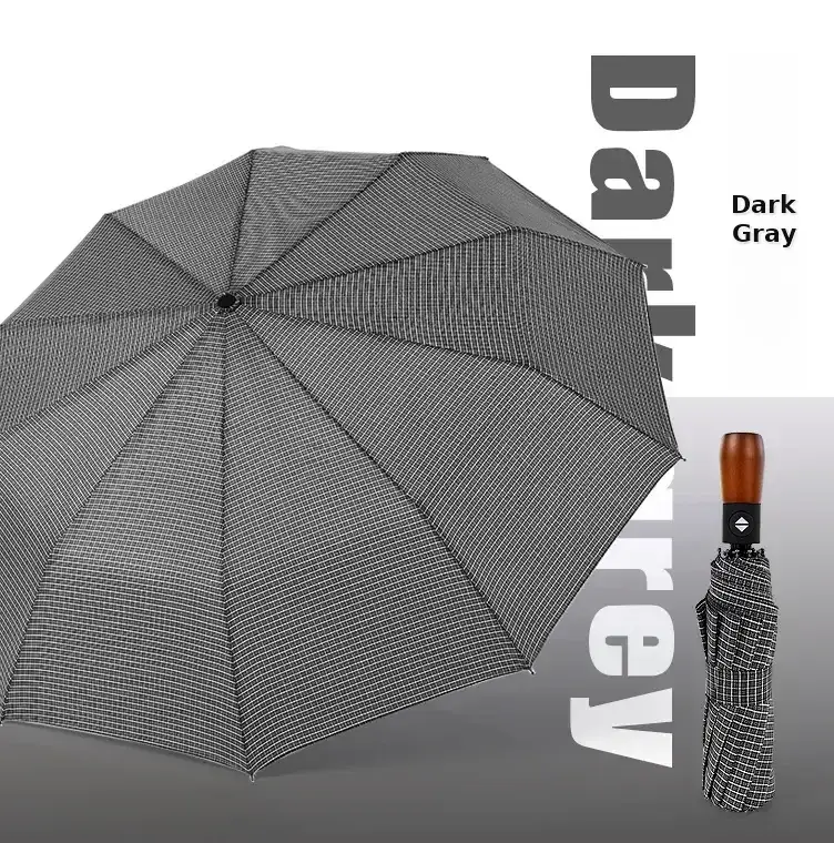 Wooden Handle Check Pattern Automatic Umbrella 10-Bone Anti-Wind — feature 31