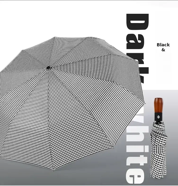 Wooden Handle Check Pattern Automatic Umbrella 10-Bone Anti-Wind — feature 32
