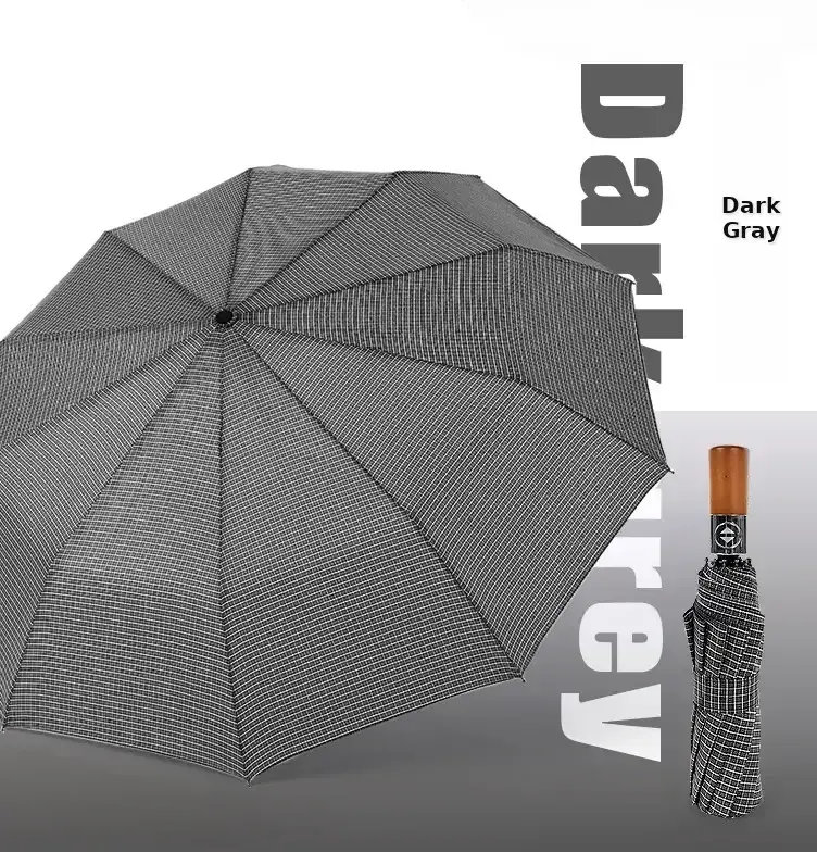 Wooden Handle Check Pattern Automatic Umbrella 10-Bone Anti-Wind — feature 33