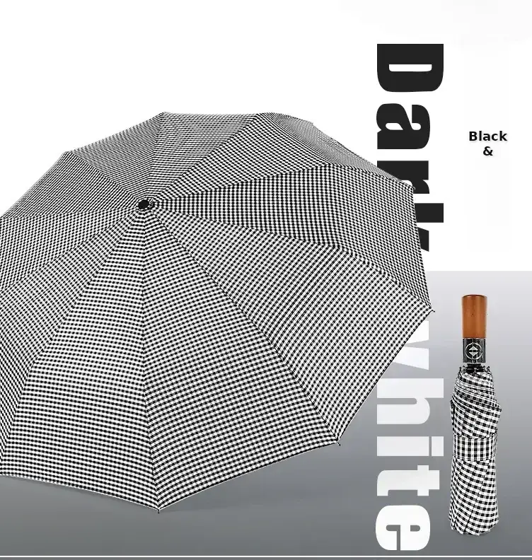 Wooden Handle Check Pattern Automatic Umbrella 10-Bone Anti-Wind — feature 34