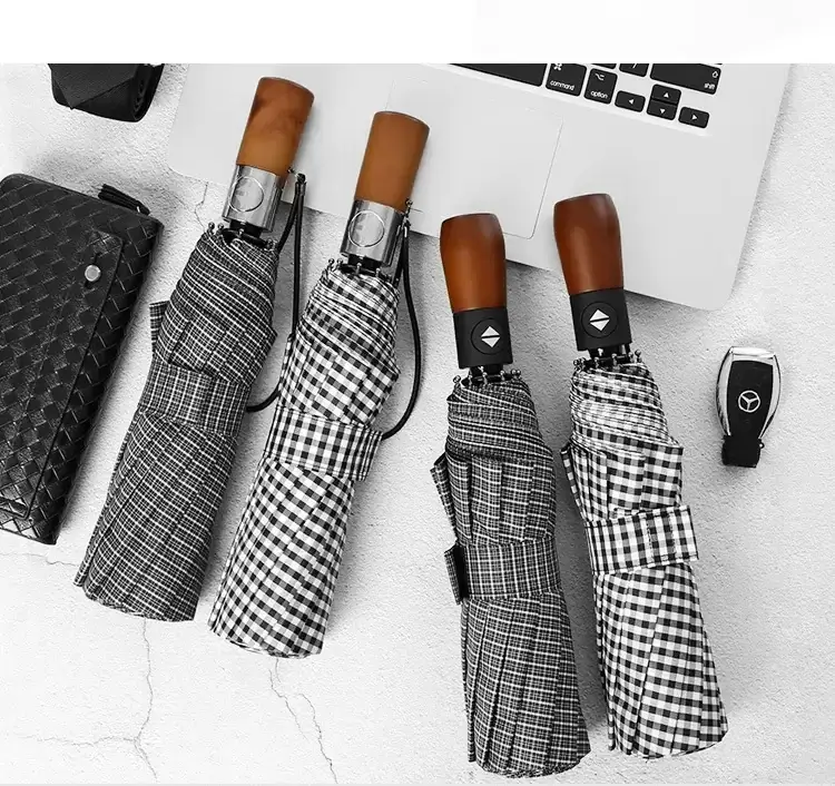 Wooden Handle Check Pattern Automatic Umbrella 10-Bone Anti-Wind — feature 35