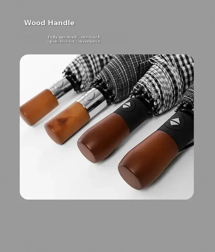 Wooden Handle Check Pattern Automatic Umbrella 10-Bone Anti-Wind — feature 36