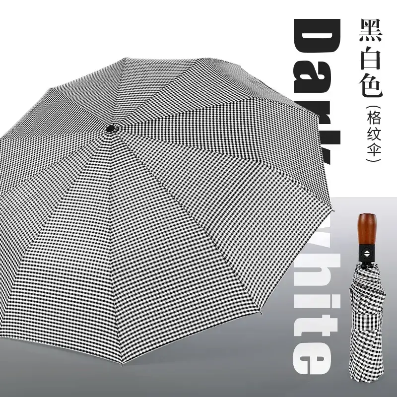 Wooden Handle Check Pattern Automatic Umbrella 10-Bone Anti-Wind