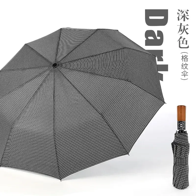 Wooden Handle Check Pattern Automatic Umbrella 10-Bone Anti-Wind
