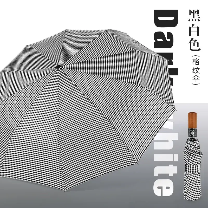 Wooden Handle Check Pattern Automatic Umbrella 10-Bone Anti-Wind