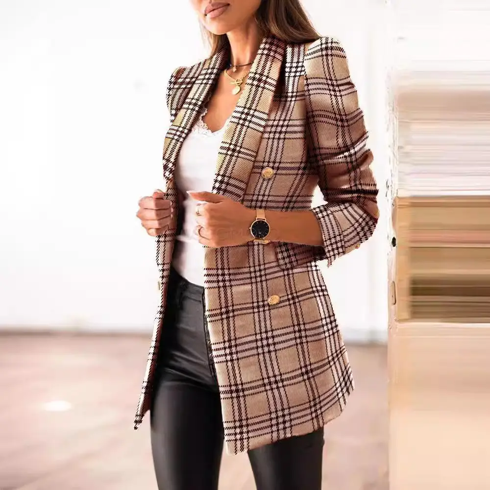 Women's Long Sleeve Blazer Black Plaid Double Breasted - Image 5