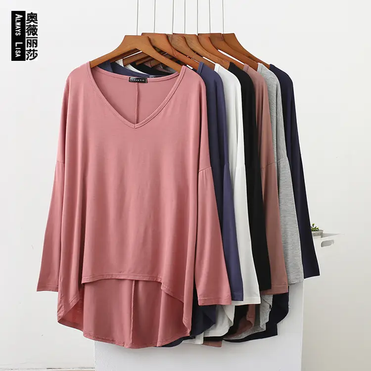 Women's V-Neck Long Sleeve T-Shirt Pink Multi Color - Image 8