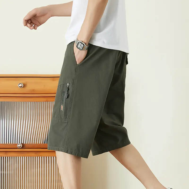 Men's Olive Green Multi-Pocket Shorts Summer Work Pants - Image 10