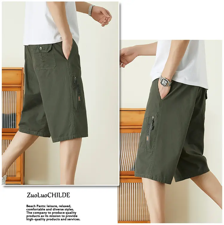 Men's Olive Green Multi-Pocket Shorts Summer Work Pants — feature 8