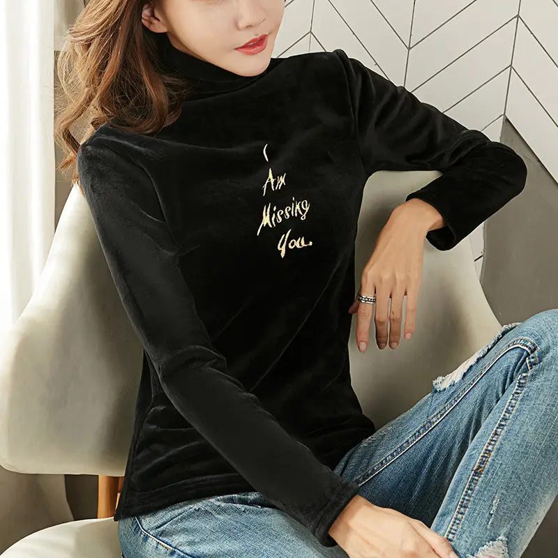 Women's Gold Velvet Turtleneck Long Sleeve Top - Image 24