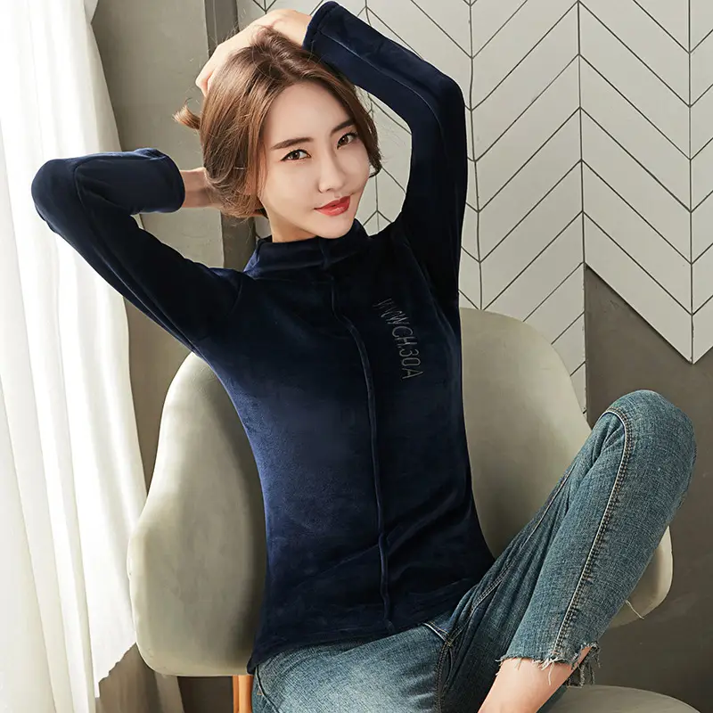 Women's Gold Velvet Turtleneck Long Sleeve Top - Image 3