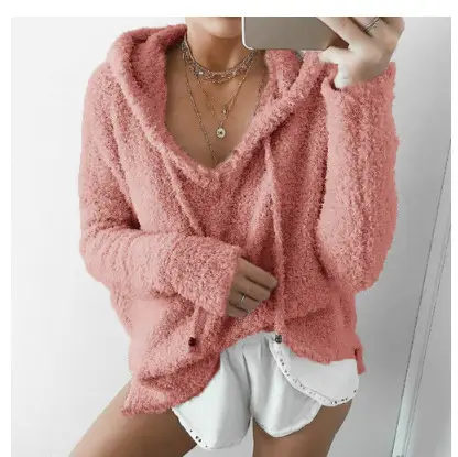 Pink Velvet Hooded Pullover Sweater for Women - Image 9