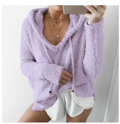 Pink Velvet Hooded Pullover Sweater for Women - Image 10