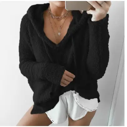 Pink Velvet Hooded Pullover Sweater for Women - Image 3