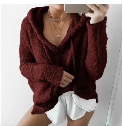 Pink Velvet Hooded Pullover Sweater for Women - Image 5