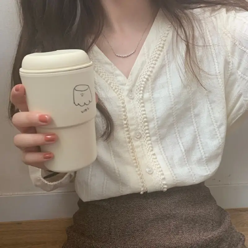 2023 V-neck Lace Shirt Women White Long Sleeve - Image 5