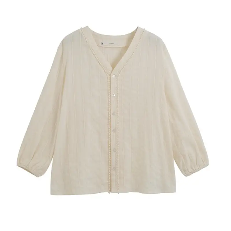2023 V-neck Lace Shirt Women White Long Sleeve - Image 6