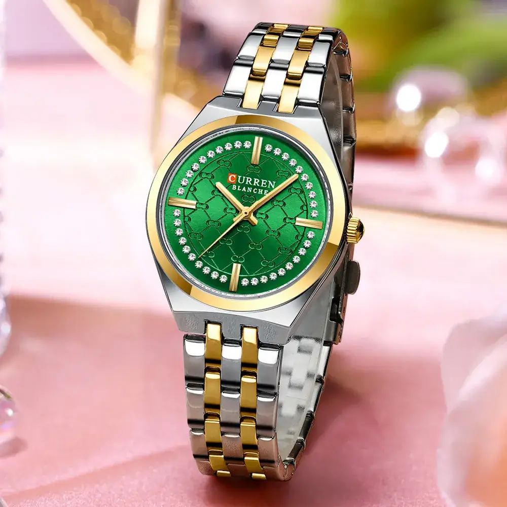 Women's Gold Blue Dial Quartz Watch with Pearl Bracelet