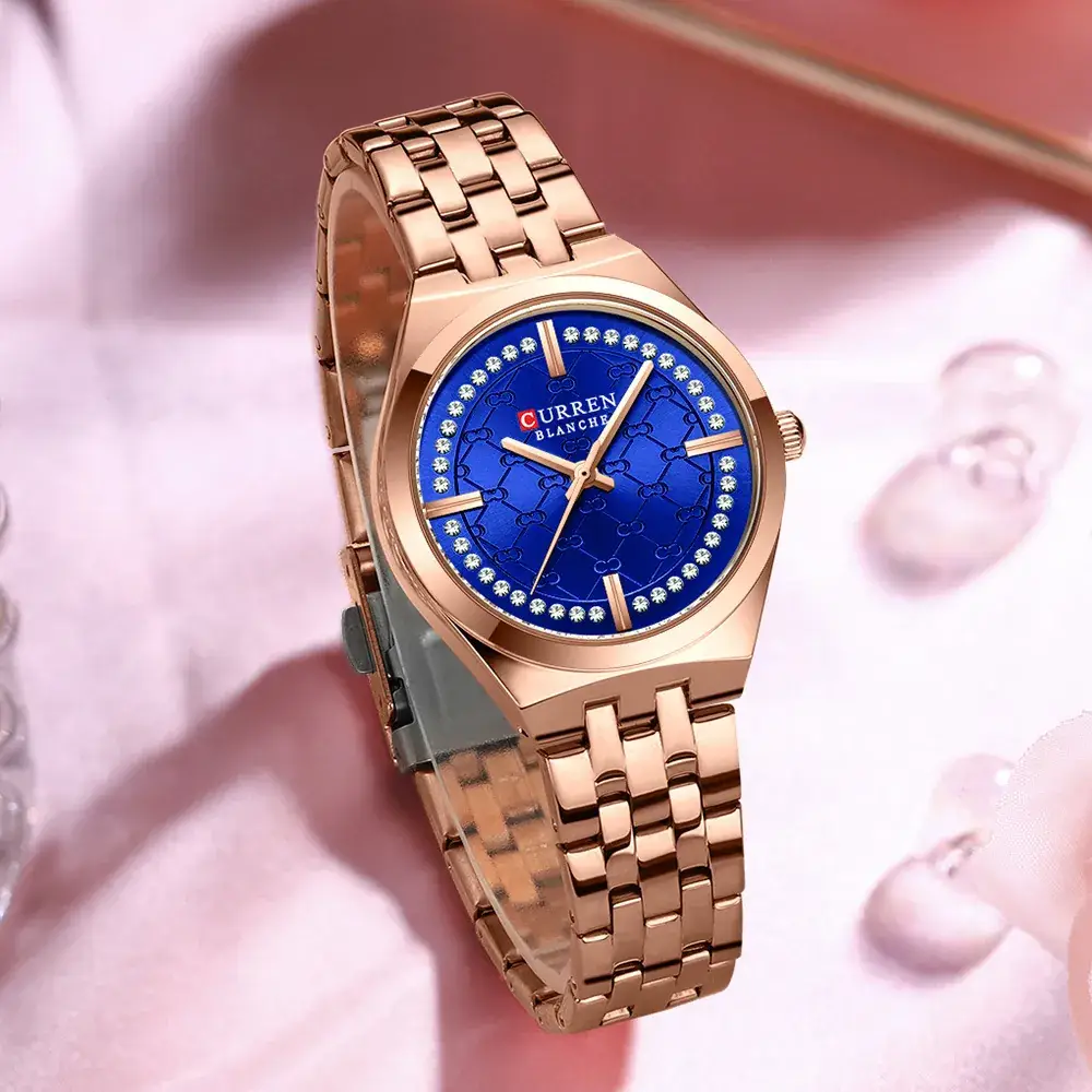 Women's Gold Blue Dial Quartz Watch with Pearl Bracelet