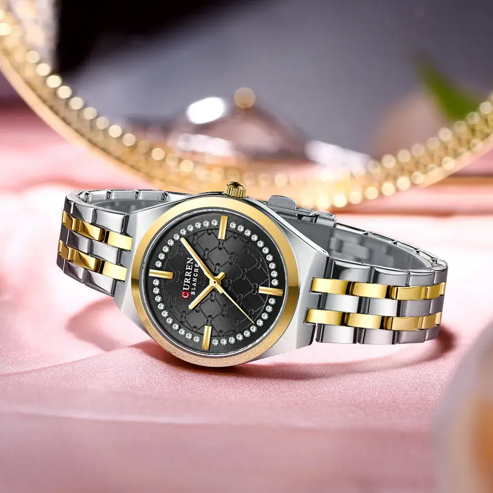 Women's Gold Blue Dial Quartz Watch with Pearl Bracelet