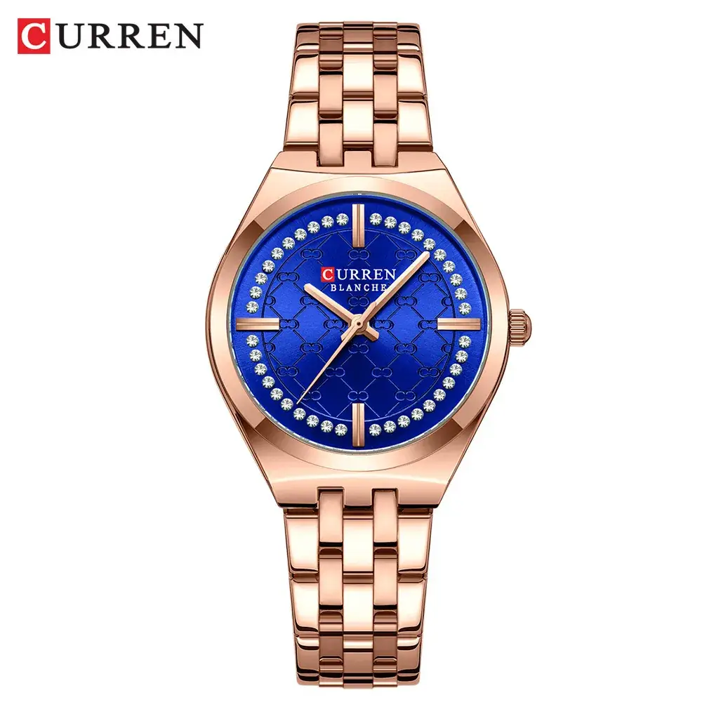 Women's Gold Blue Dial Quartz Watch with Pearl Bracelet