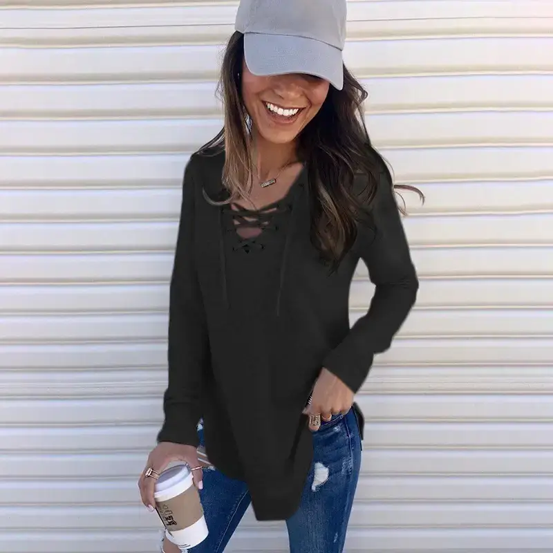 Women's Black V Neck Strap Top T-Shirt 2024 - Image 7