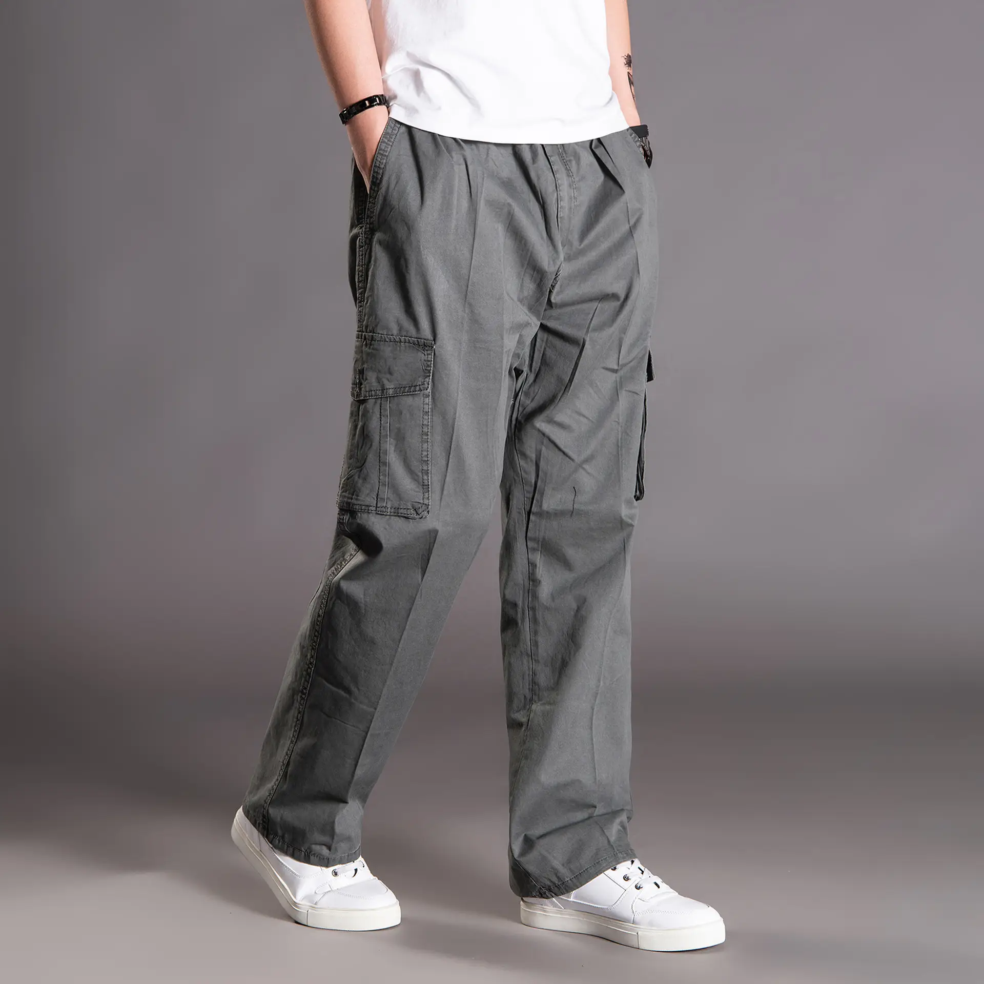 Men's New Casual Pants Grey Medium Cargo Pocket - Image 3