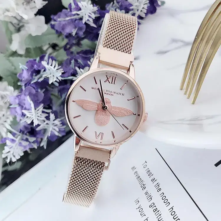 Women's Bee Design Watch Rose Gold Mesh Belt