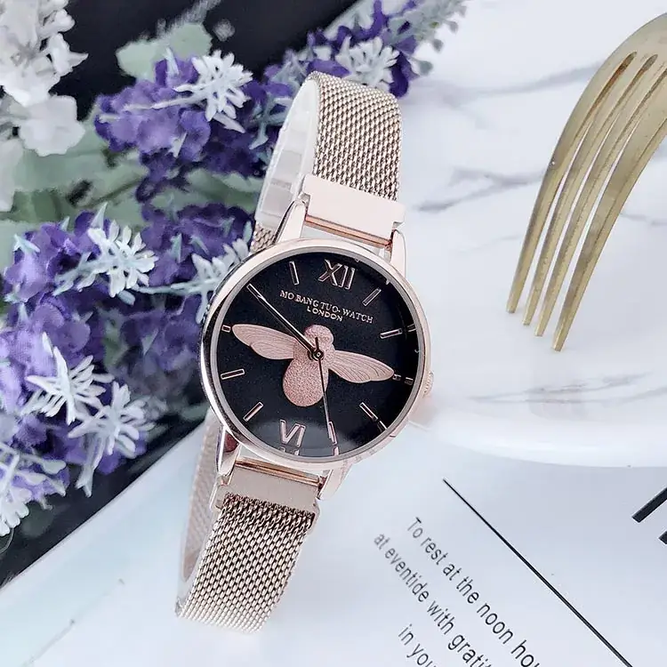 Women's Bee Design Watch Rose Gold Mesh Belt
