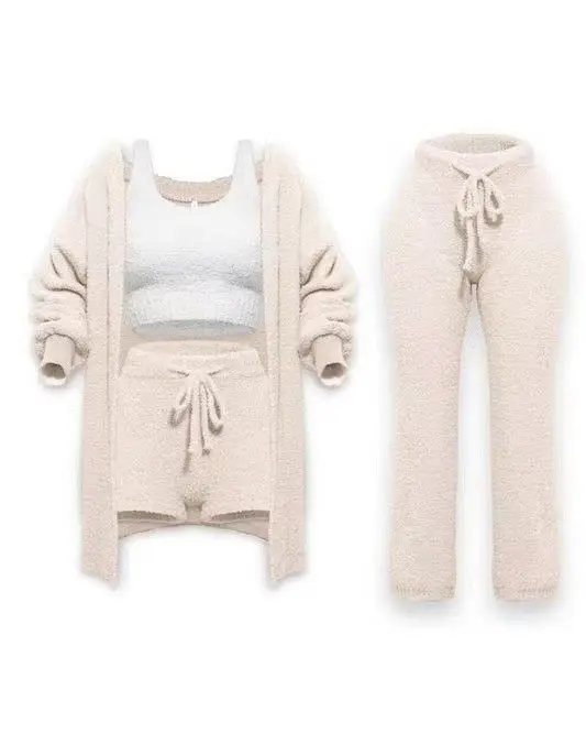 2025 Knitted Plush Long Sleeve Vest Shorts Set Black