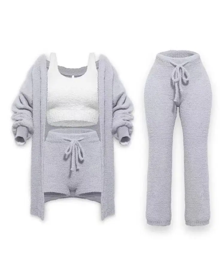 2025 Knitted Plush Long Sleeve Vest Shorts Set Black