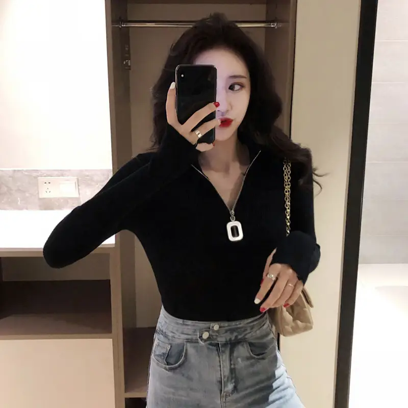 Korean Style Slim Fit Green Squares Zipper Turtleneck Sweater - Image 11