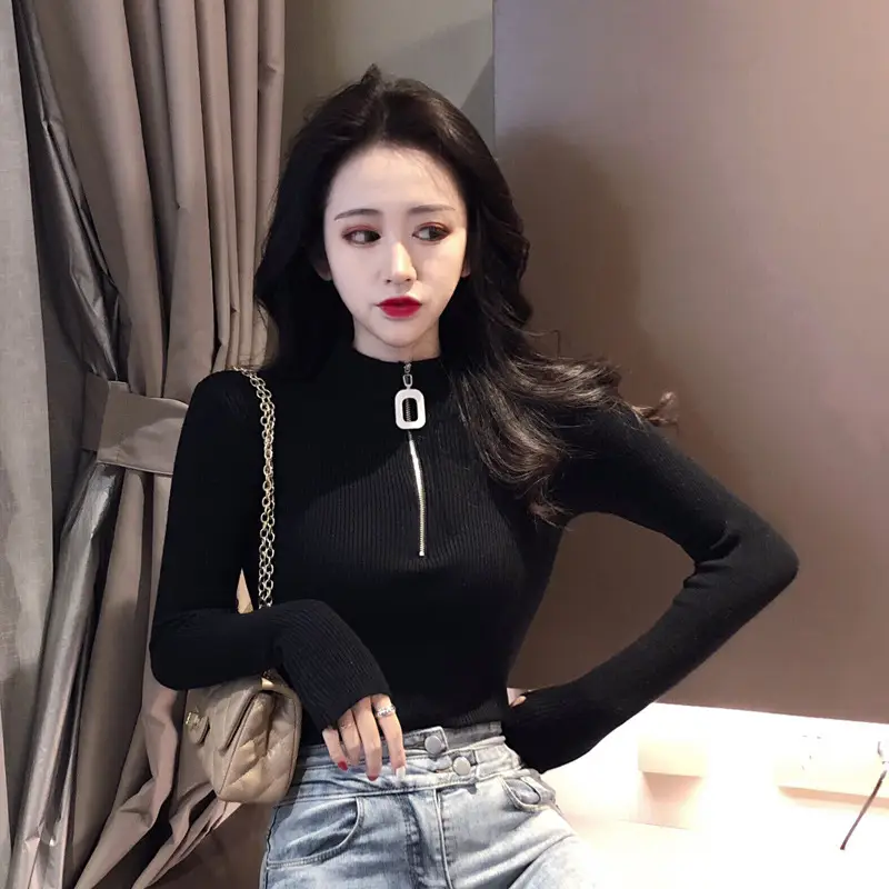 Korean Style Slim Fit Green Squares Zipper Turtleneck Sweater - Image 12