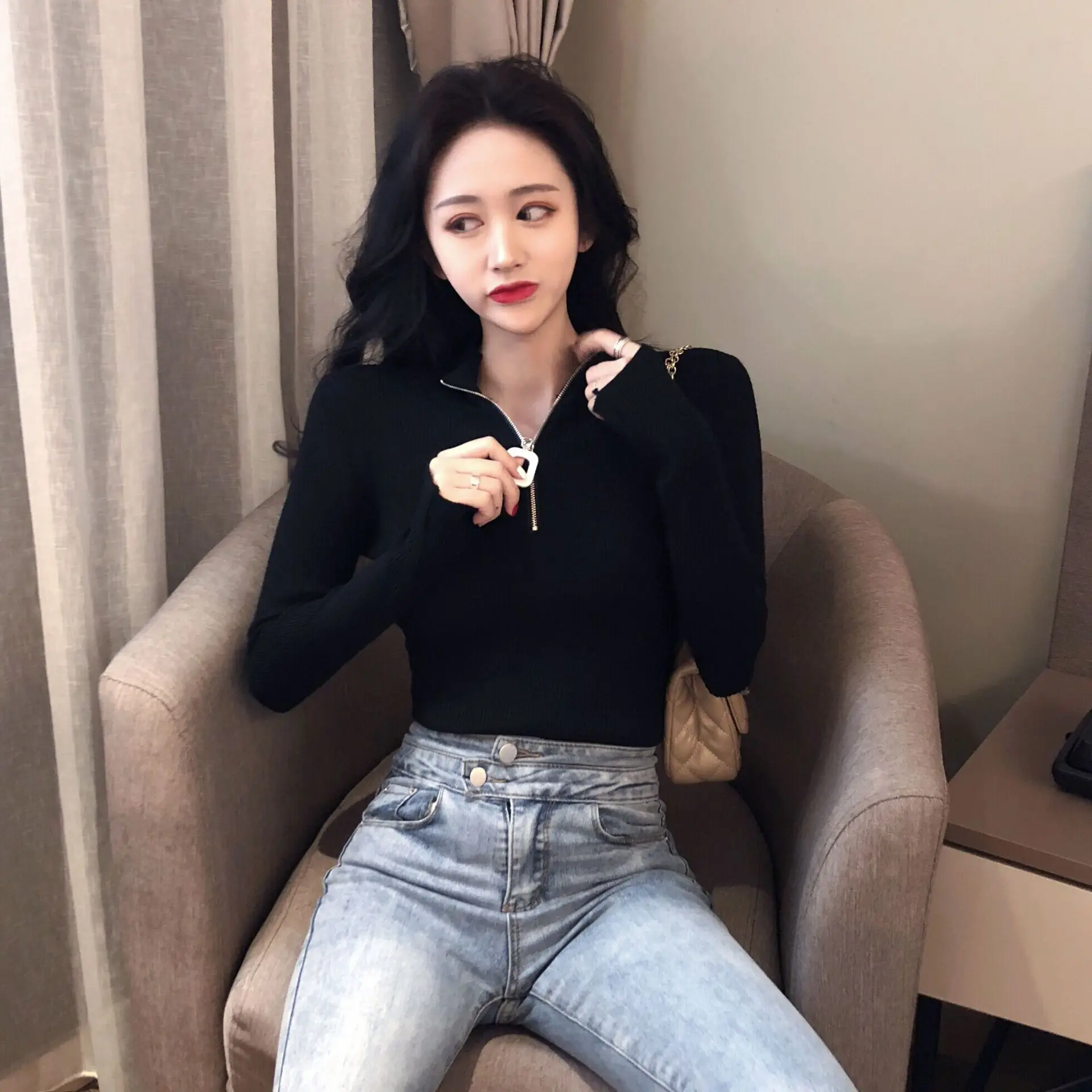 Korean Style Slim Fit Green Squares Zipper Turtleneck Sweater — feature 10