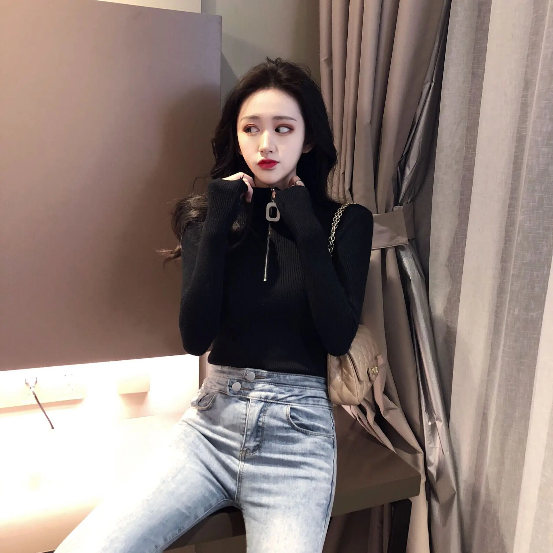Korean Style Slim Fit Green Squares Zipper Turtleneck Sweater — feature 11