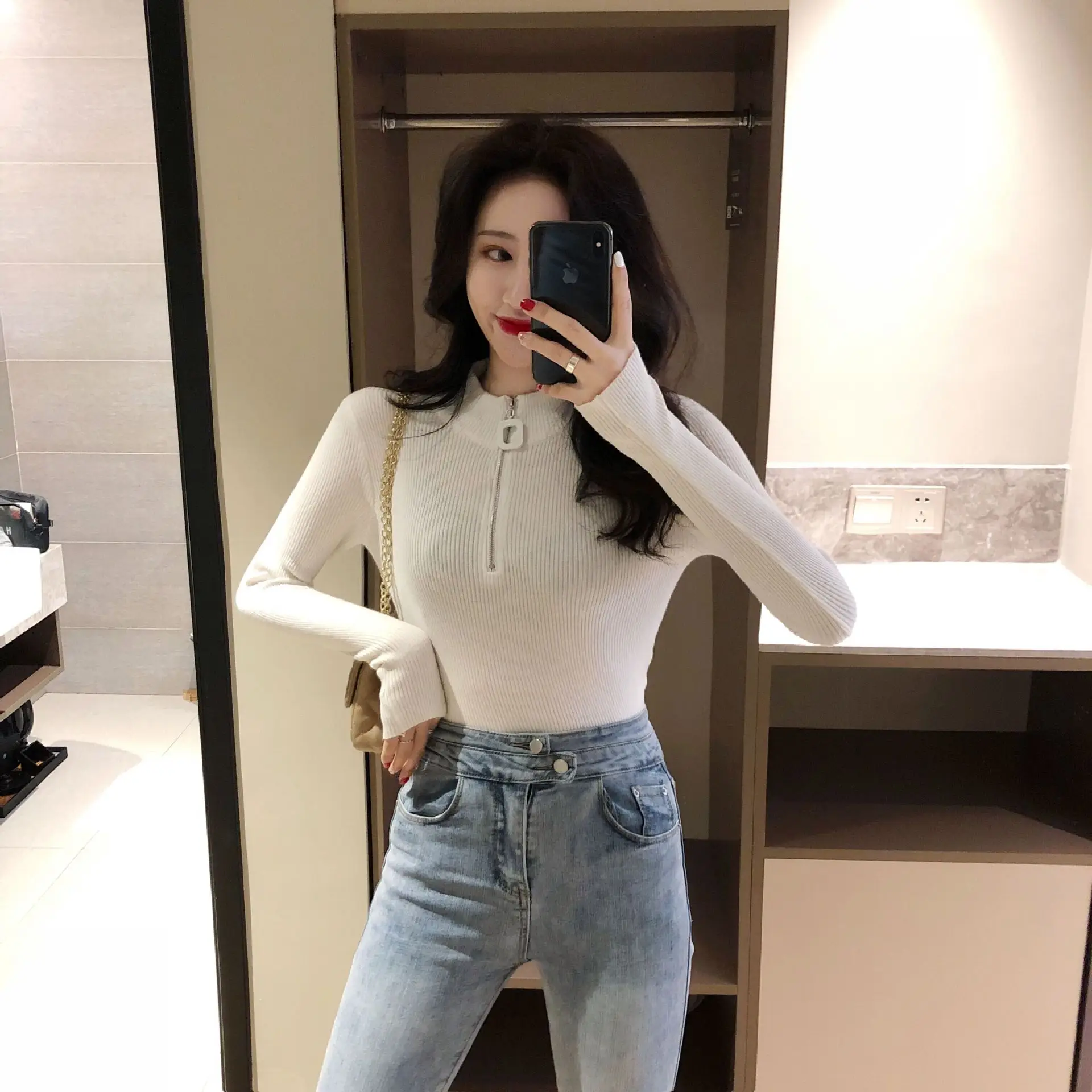 Korean Style Slim Fit Green Squares Zipper Turtleneck Sweater — feature 14