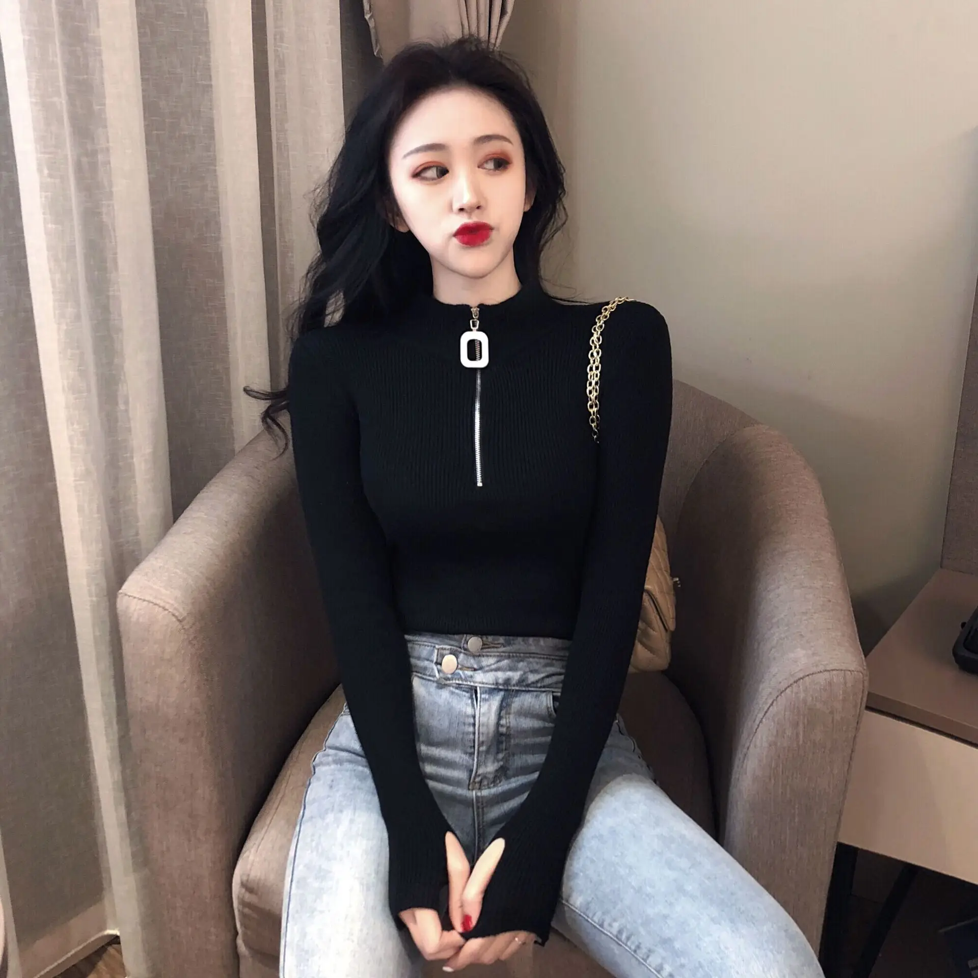 Korean Style Slim Fit Green Squares Zipper Turtleneck Sweater — feature 6