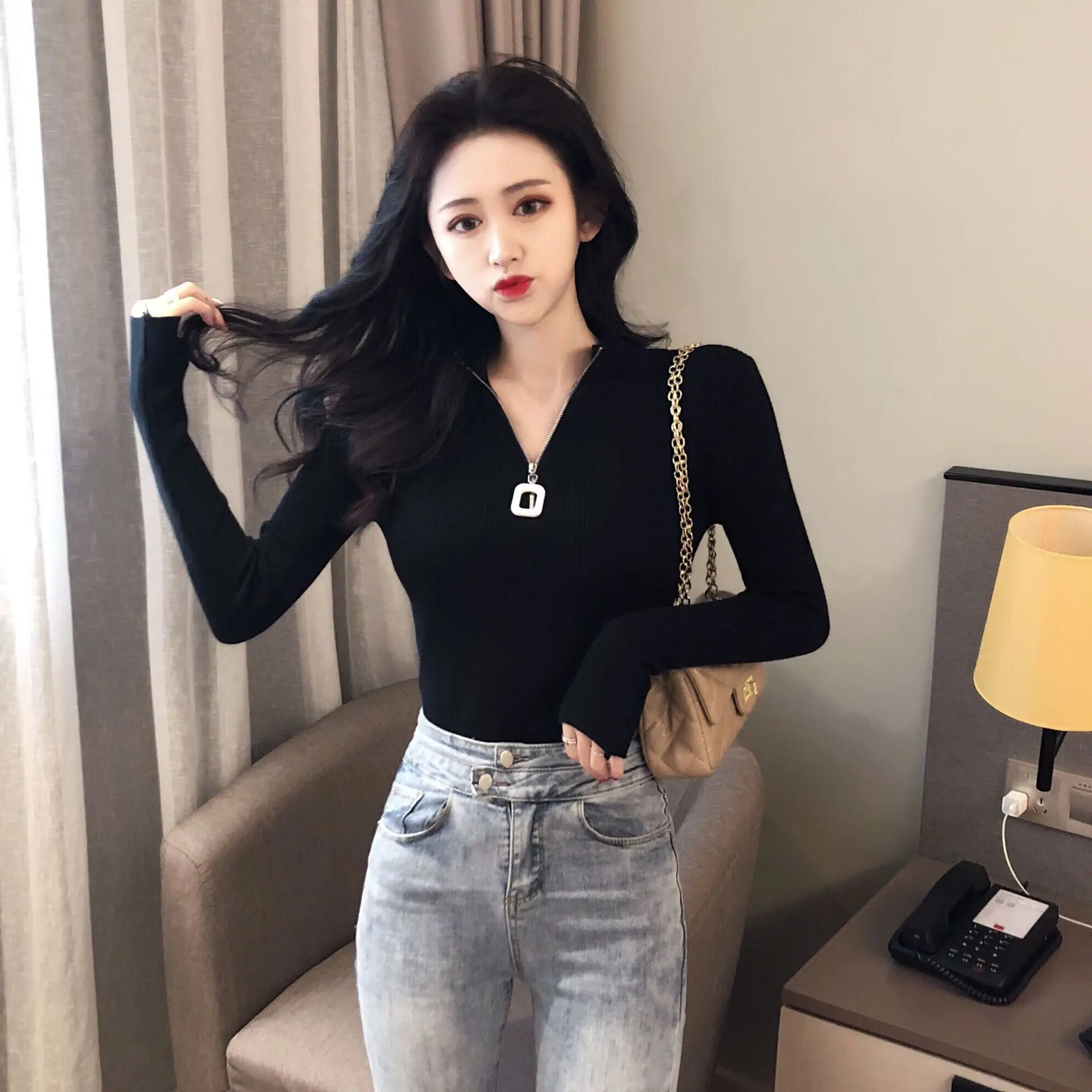 Korean Style Slim Fit Green Squares Zipper Turtleneck Sweater — feature 7
