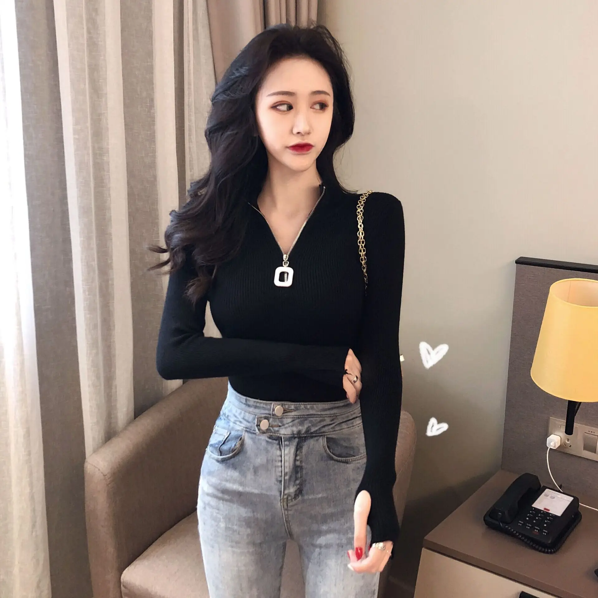 Korean Style Slim Fit Green Squares Zipper Turtleneck Sweater — feature 8