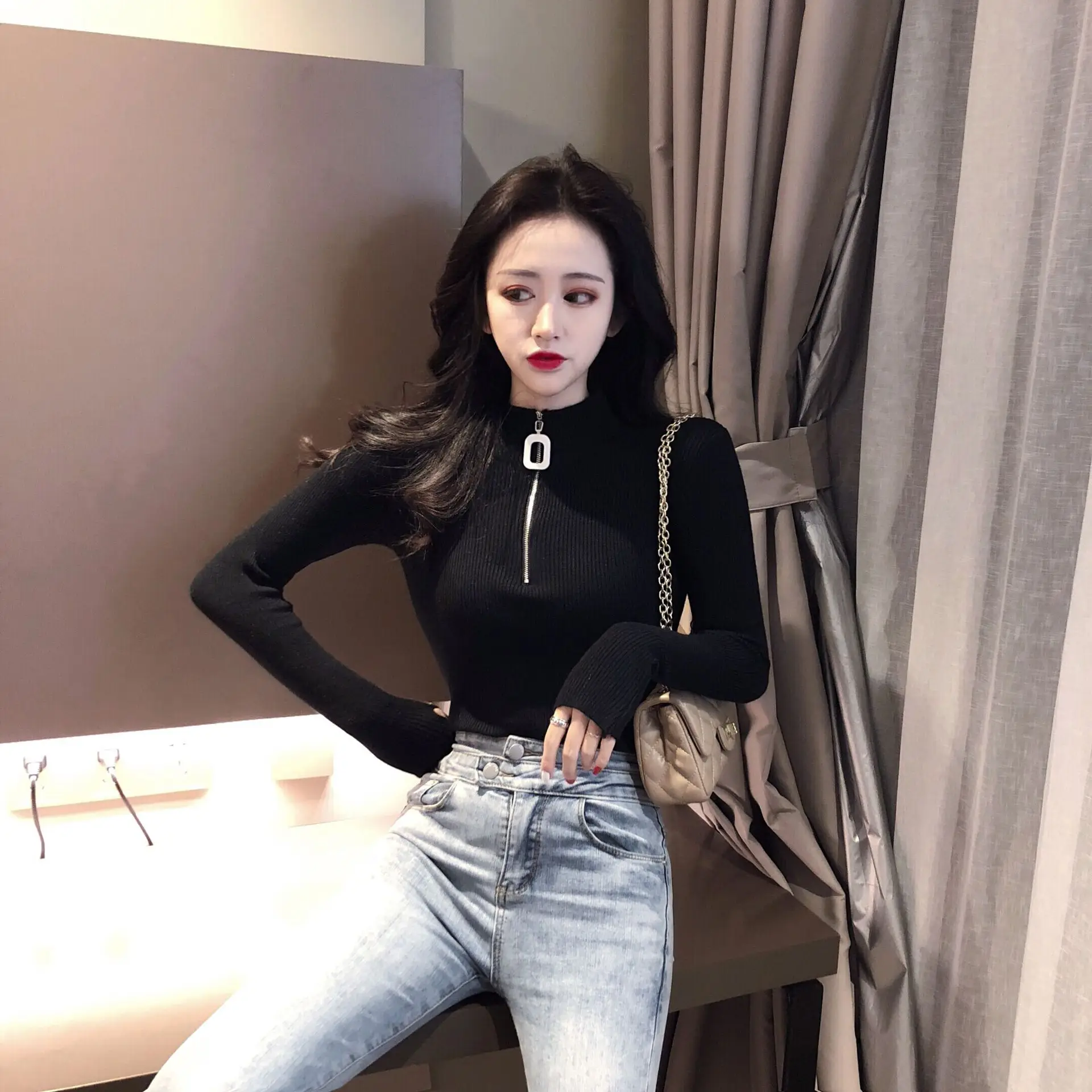 Korean Style Slim Fit Green Squares Zipper Turtleneck Sweater — feature 9