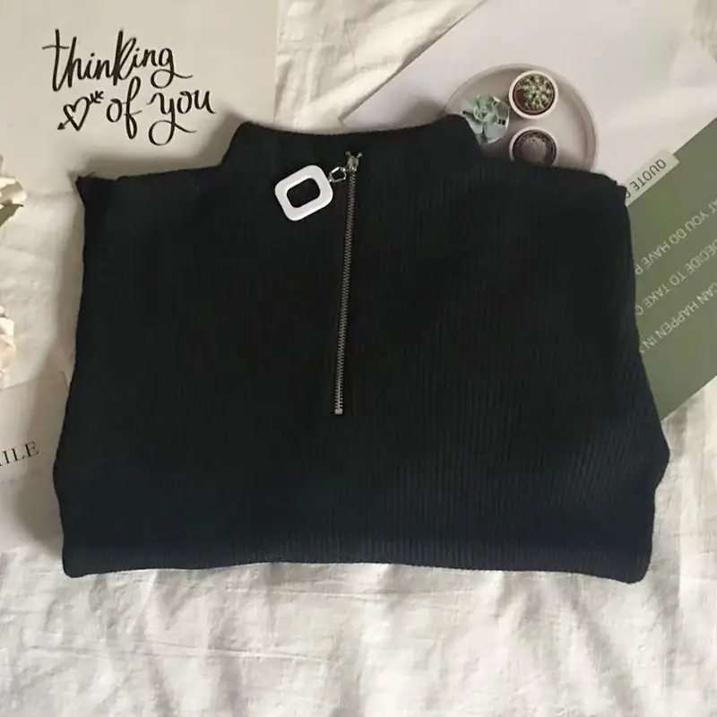 Korean Style Slim Fit Green Squares Zipper Turtleneck Sweater - Image 2