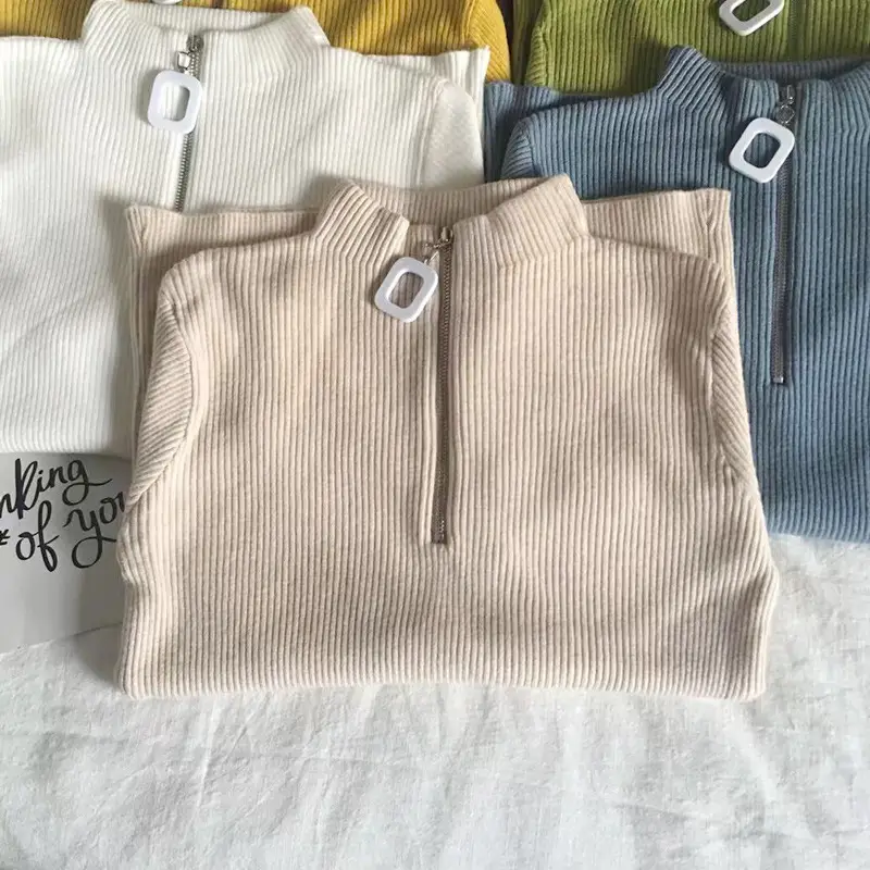 Korean Style Slim Fit Green Squares Zipper Turtleneck Sweater - Image 3