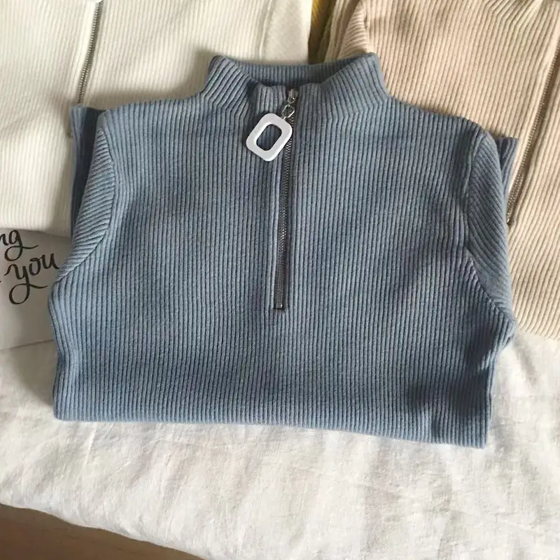 Korean Style Slim Fit Green Squares Zipper Turtleneck Sweater - Image 4