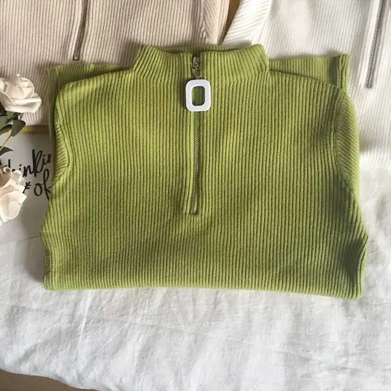 Korean Style Slim Fit Green Squares Zipper Turtleneck Sweater - Image 5