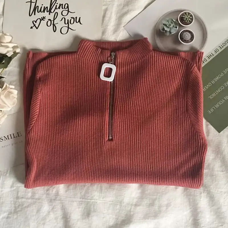 Korean Style Slim Fit Green Squares Zipper Turtleneck Sweater - Image 6