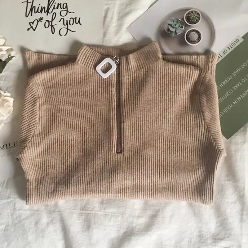 Korean Style Slim Fit Green Squares Zipper Turtleneck Sweater - Image 7